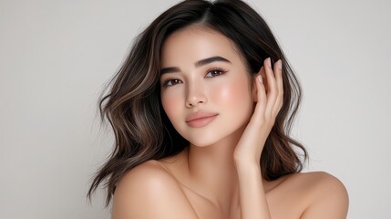 Naklejka premium Beautiful Young Woman with Flawless Skin Touching her Face, Beauty Portrait on Light Background