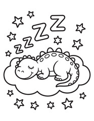  Baby Dinosaur Sleeping on a Cloud Surrounded by Stars - Coloring Page