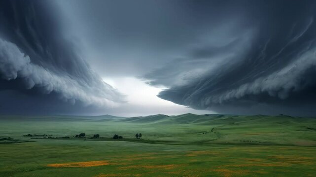 Dramatic storm clouds over a rolling green field of grass and wildflowers in the countryside environment at daytime