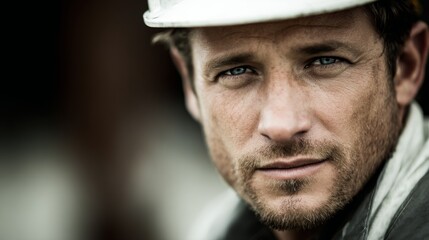 Obraz premium A determined construction worker in safety helmet, embodying resilience and focus in industrial labor.