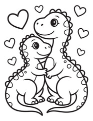 Two Dinosaurs Hugging Surrounded by Hearts - Cute Coloring Page