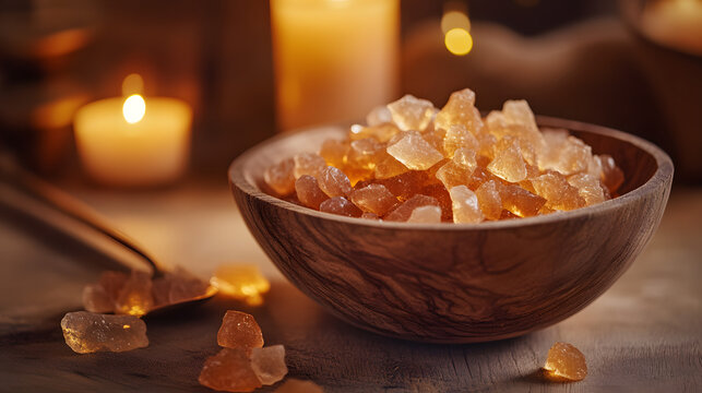 Arabic gum manna crystals are presented in a wooden bowl, illuminated by warm, inviting lights, showcasing a traditional Middle Eastern edible resin