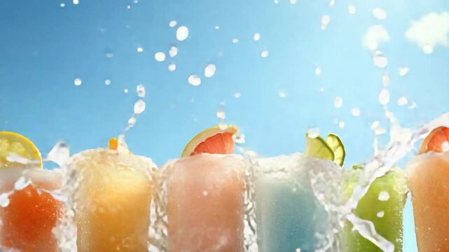 Colorful frozen drinks with citrus fruit slice on a sunny summer day