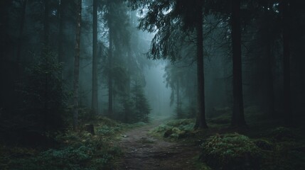 Obraz premium A dark forest path shrouded in mist, where mystery lingers in the soft light.