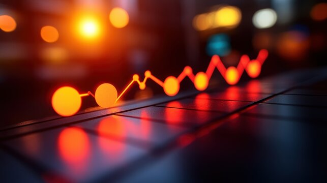 Red graph on dark surface, night city lights
