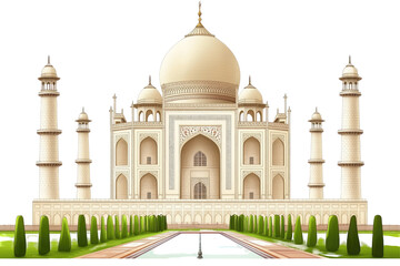 Obraz premium Majestic ivory mausoleum with central dome, flanked by minarets, set against a backdrop of manicured hedges and reflecting pool. Intricate details adorn the facade