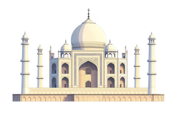Fototapeta premium A digitally rendered frontal view of the Taj Mahal, showcasing its ivory-white marble, intricate detailing, central dome, and symmetrical minarets under soft lighting. The image is clean and detailed
