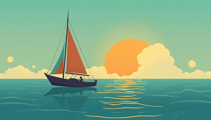 Naklejka premium Sailing Boat on Calm Water at Sunset Abstract Graphic