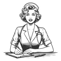 cheerful nurse with a classic cap and curly hair, symbolizing care and professionalism sketch engraving generative ai vector illustration. Scratch board imitation. Black and white image.