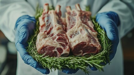 Raw lamb ribs, nestled in rosemary, held by gloved hands