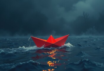 a solitary red paper boat floating on dark, calm water, with subtle reflections or glowing light. representing challenges, new beginnings, exploration, or a sense of being lost yet determined.