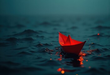 a solitary red paper boat floating on dark, calm water, with subtle reflections or glowing light. representing challenges, new beginnings, exploration, or a sense of being lost yet determined.