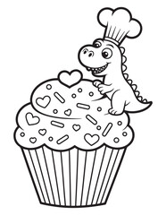 Cute Dinosaur Dressed as a Pastry Chef Sitting on a Giant Cupcake – Coloring Page