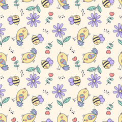 Seamless pattern with birds, musical notes, bees, and flowers in pastel colors on a light yellow background. Great for kids’ fabric, nursery wallpaper, baby clothes, stationery, gift wrap, and decor