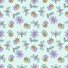 Cute seamless pattern with flowers, bees, and dragonflies in doodle style, in pastel colors, on a green background. Perfect for fabric, wallpaper, gift wrap, stationery, and kids' products.