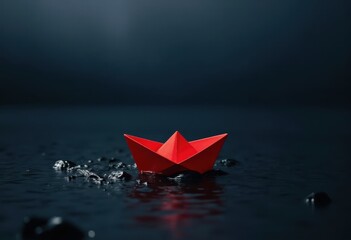 a solitary red paper boat floating on dark, calm water, with subtle reflections or glowing light. representing challenges, new beginnings, exploration, or a sense of being lost yet determined.