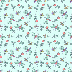 Seamless pattern with dragonfly and plants in doodle style in pastel colorsIdeal for children’s textiles, gift wrap, and spring decor. On a light green background