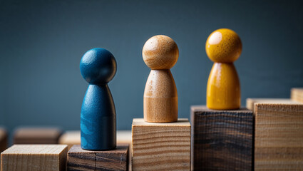 Wooden figures standing on different levels representing business hierarchy and career growth