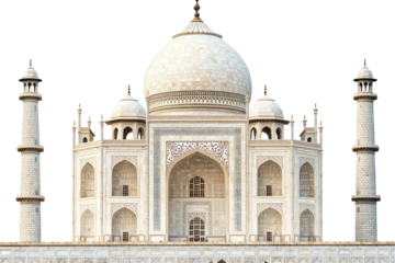 An iconic ivory-white marble mausoleum, featuring a large central dome, symmetrical minarets, intricate carvings, and arched entrances, set against a black background