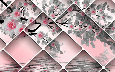 3D Wallpaper Design with geometric shapes and florals