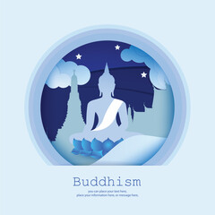 Buddha statue meditating on a lotus paper art vector illustration blue background - Buddhism Magha Puja, Asanha Puja, Vesak Puja Day, Thailand culture