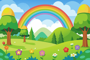 Fototapeta premium Spring Forest Landscape with Meadow and Rainbow Vector