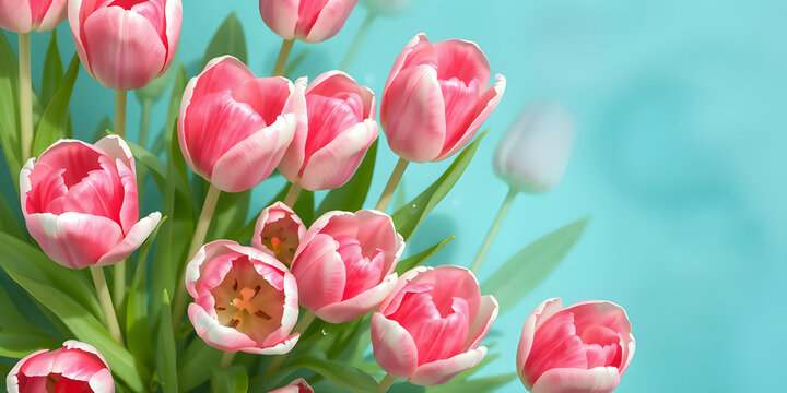 Vibrant pink tulips with white edges blooming in clear blue water, glistening droplets and soft highlights create a fresh pastel spring atmosphere.