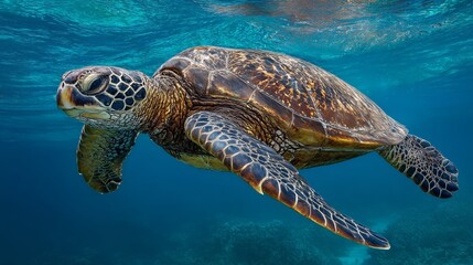 Fototapeta premium Endangered Hawaiian Green Sea Turtle gliding through ocean waters, a serene glimpse of marine conservation in action