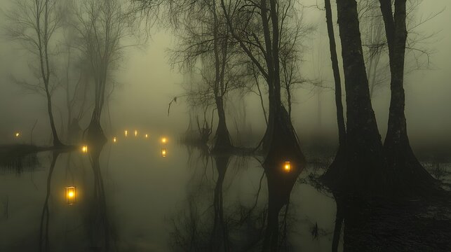 A foggy swamp with mysterious lights and twisted trees