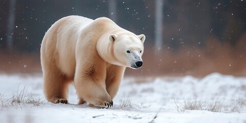 Obraz premium Majestic polar bear wanders through a snowy landscape under gentle snowfall in the serene Arctic wilderness Generative AI