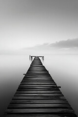 Fototapeta premium A long exposure monochrome photograph of a wooden pier that captures the essence of tranquility and minimalist beauty.