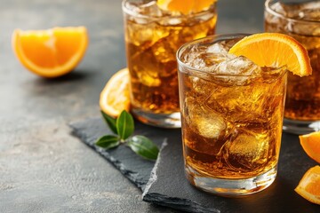 Refreshing iced tea drinks garnished with orange slices.