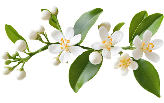 Orange tree branch with white flowers buds and leaves on transparent background, png