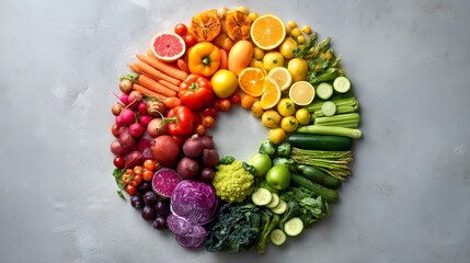 Colorful fruits and vegetables arranged in a circular pattern, celebrating natural abundance and healthy eating.