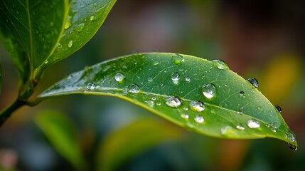 Fresh green leaf with glistening water droplets, a symbol of nature's delicate beauty