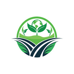 Sustainable agriculture and eco farming logo with green leaves and globe for environment care