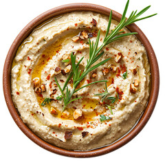 Delicious hummus bowl with rosemary and nuts for healthy eating dish isolated on transparent  background png