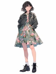 Young anime woman illustration, standing confidently, hands in pockets, floral dress, leather jacket, black boots, character portrait