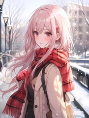 Anime illustration, young woman, pink hair, red accessories, snowy park, thoughtful, red scarf, white coat, winter scene.