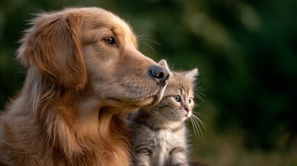 Obraz premium Golden retriever and kitten sharing a peaceful moment, soft fur glowing in warm light. Harmony between unlikely friends.