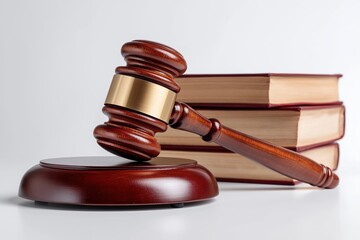Obraz premium A wooden gavel sits on a wooden base next to a stack of books. The gavel is a symbol of authority and the books represent knowledge and learning. Concept of order and respect for the law and education