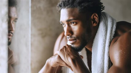 Muscular african american athlete resting after workout, towel draped on shoulders. Confident posture, relaxed smile near window with soft natural illumination,Young muscular african - Powered by Adobe