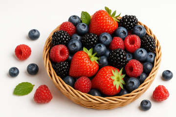Obraz premium Basket of mixed berries: strawberries, blueberries, raspberries, and blackberries.