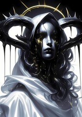 Mysterious female anime figure with glowing yellow eyes, black lips, horns, white background