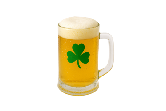 Beer mug with foam head and green shamrock clover symbol, golden amber colored alcoholic beverage, isolated on a transparent background - Powered by Adobe