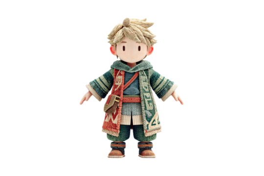 Blonde child character in layered green and red fantasy adventure outfit with cross-body bag, isolated on a transparent background