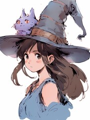 Young girl with witch hat and purple cat anime illustration