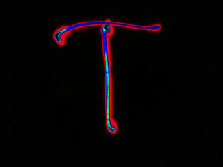 Glowing English letter T. On a black background with colored neon lines, a letter of the English alphabet is written by hand. The letter glows pink-red, creating a green-blue halo around it.
