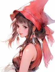 A young anime woman with a captivating gaze, adorned with whimsical earrings and a vibrant red hat, stands out against a stark white background, exuding enchantment and allure.