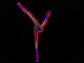 Glowing English letter Y. On a black background with colored neon lines, a letter of the English alphabet is written by hand. The letter glows pink-red, creating a green-blue halo around it.